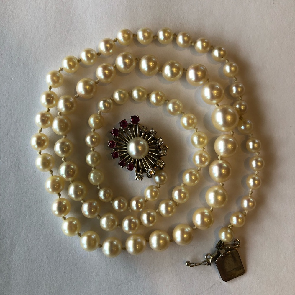 Akoya pearl & 18K diamond, ruby clasp necklace